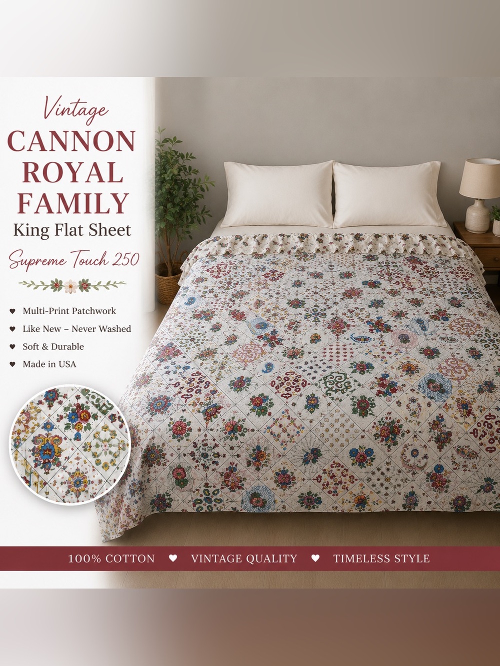 Vintage Cannon Royal Family King Flat Sheet Multi Print Patchwork Paisley Floral